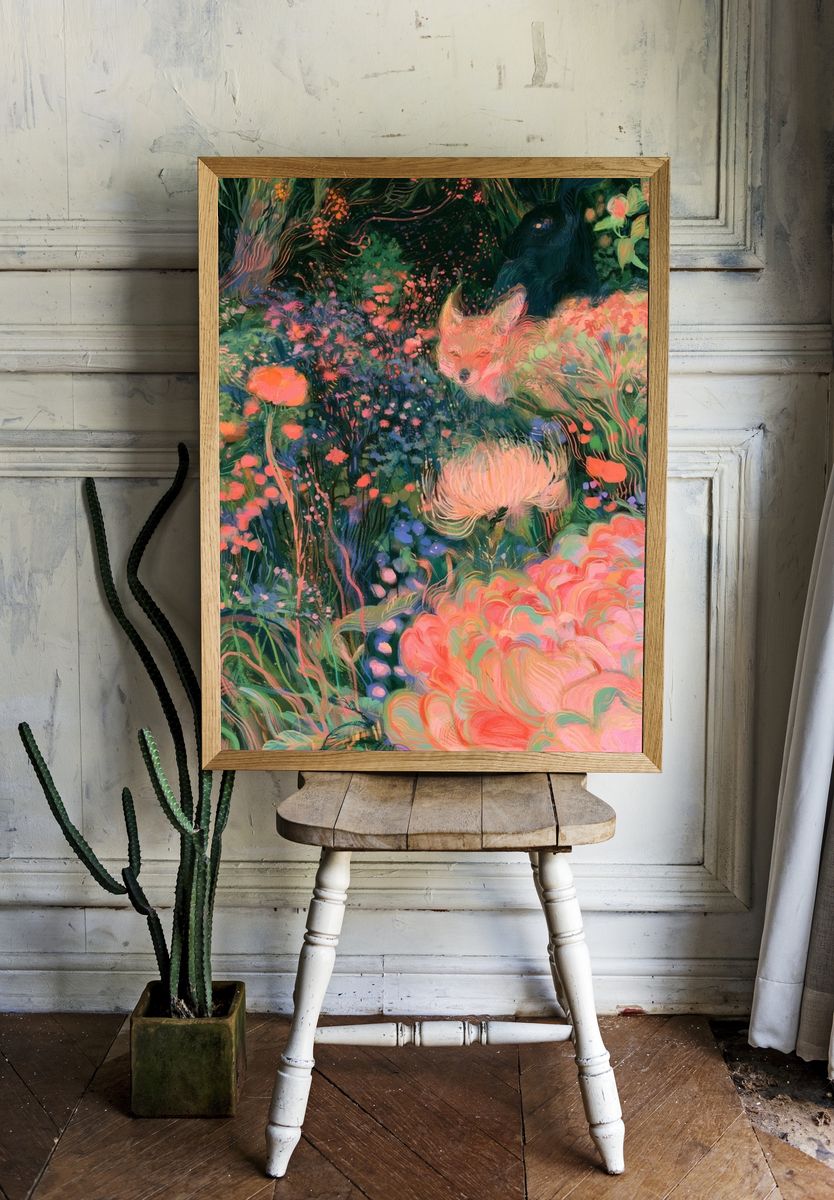 Enchanted Floral Fox Illustration Poster. — room view 1