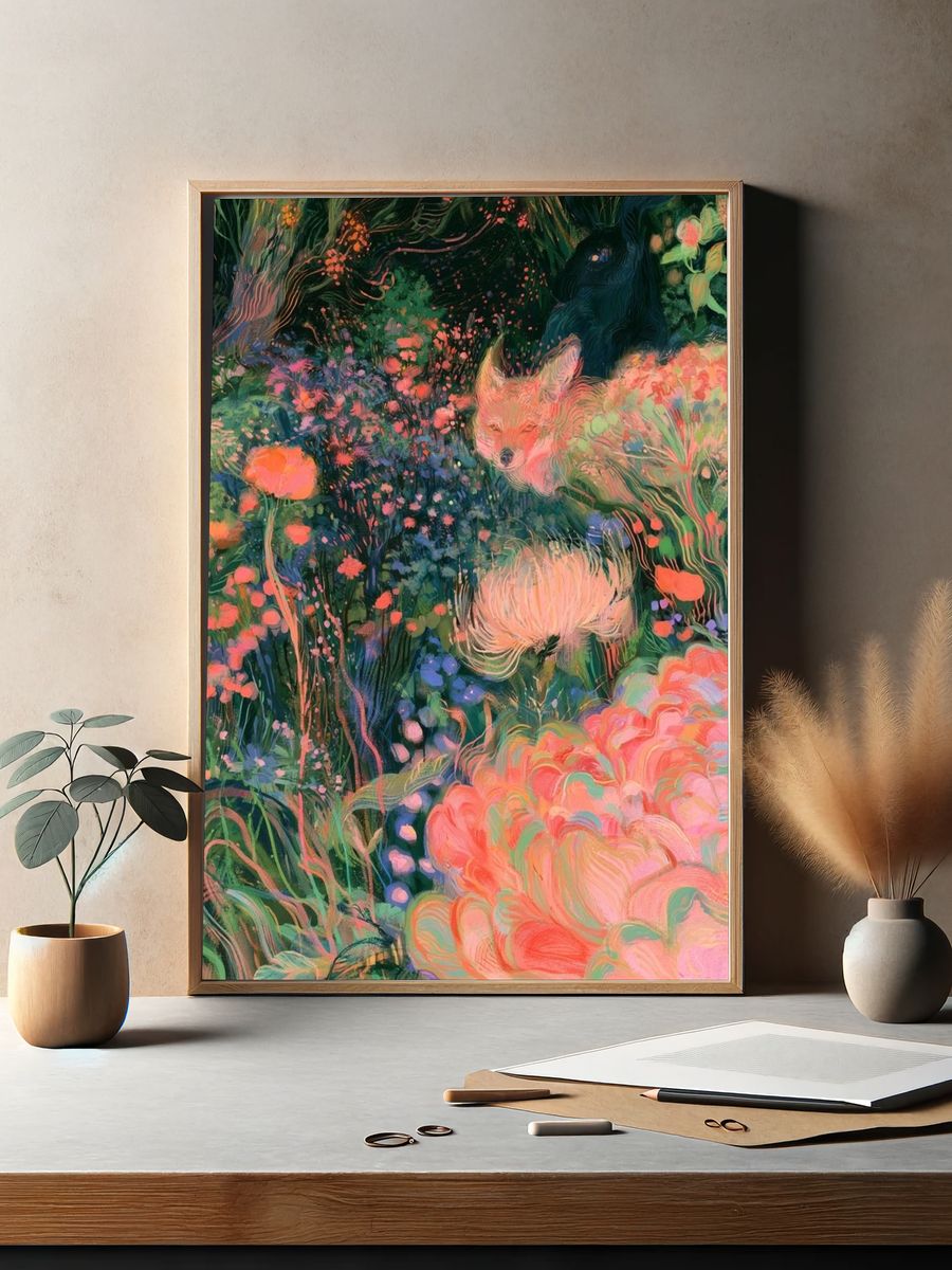 Enchanted Floral Fox Illustration Poster. — room view 2