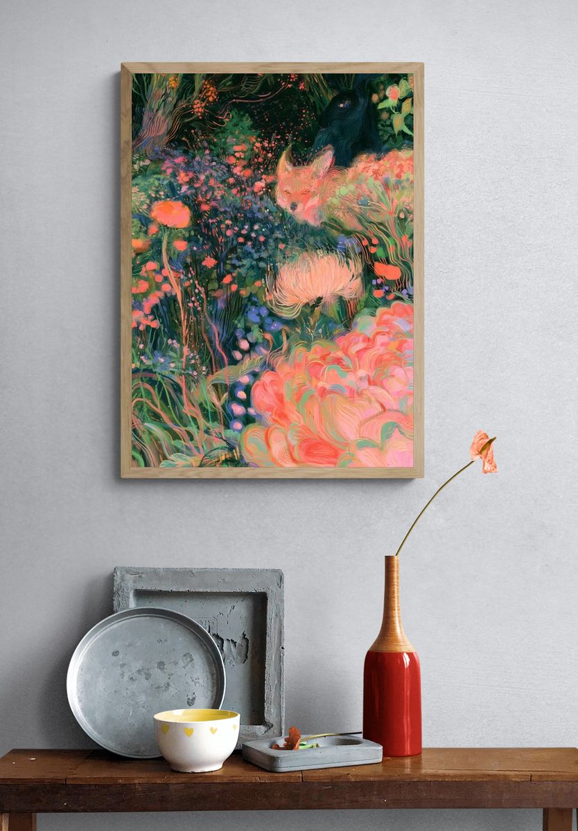 Enchanted Floral Fox Illustration Poster. — room view 3