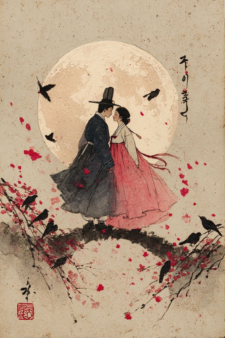 Moonlit Hanbok Couple Illustration Poster. poster — illustration art