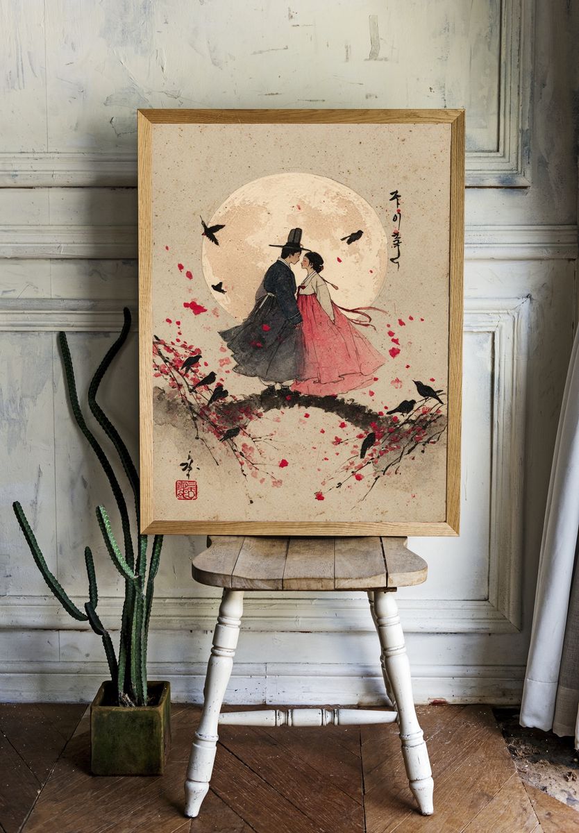 Moonlit Hanbok Couple Illustration Poster room preview