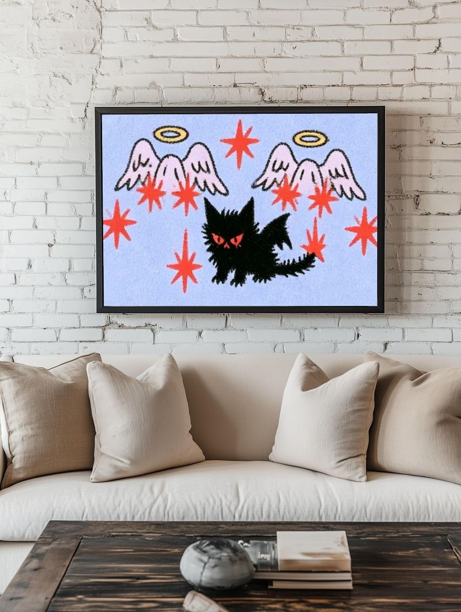Winged Cat Surreal Illustration Poster. room preview