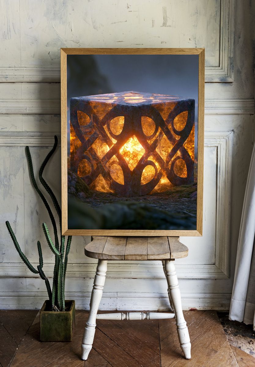 Glowing Rune Cube Illustration Poster. — room view 1