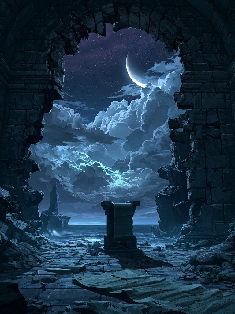 Moonlit Ruins Fantasy Print. poster — illustration art
