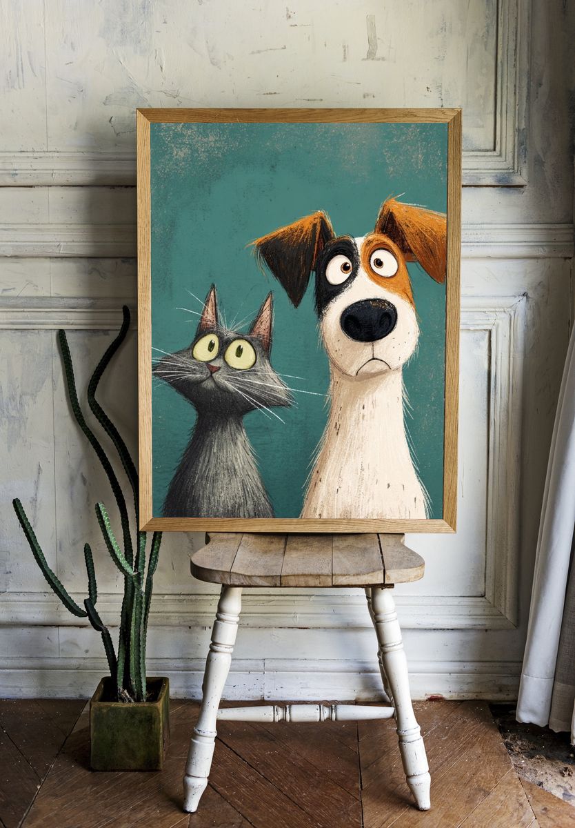 Cat and Dog Illustration Poster. — room view 1