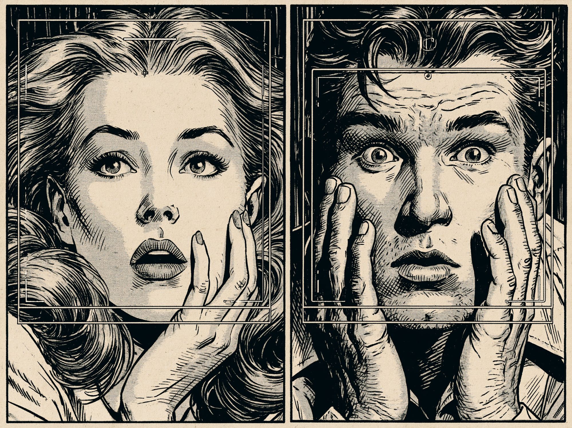 Surprised Faces Ink Illustration Poster. poster detail