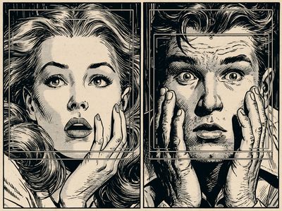 Surprised Faces Ink Illustration Poster.