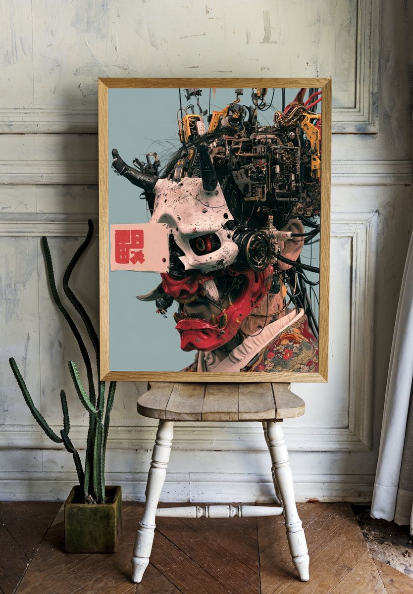 Cyber Oni Mask Illustration Poster. — room view 1