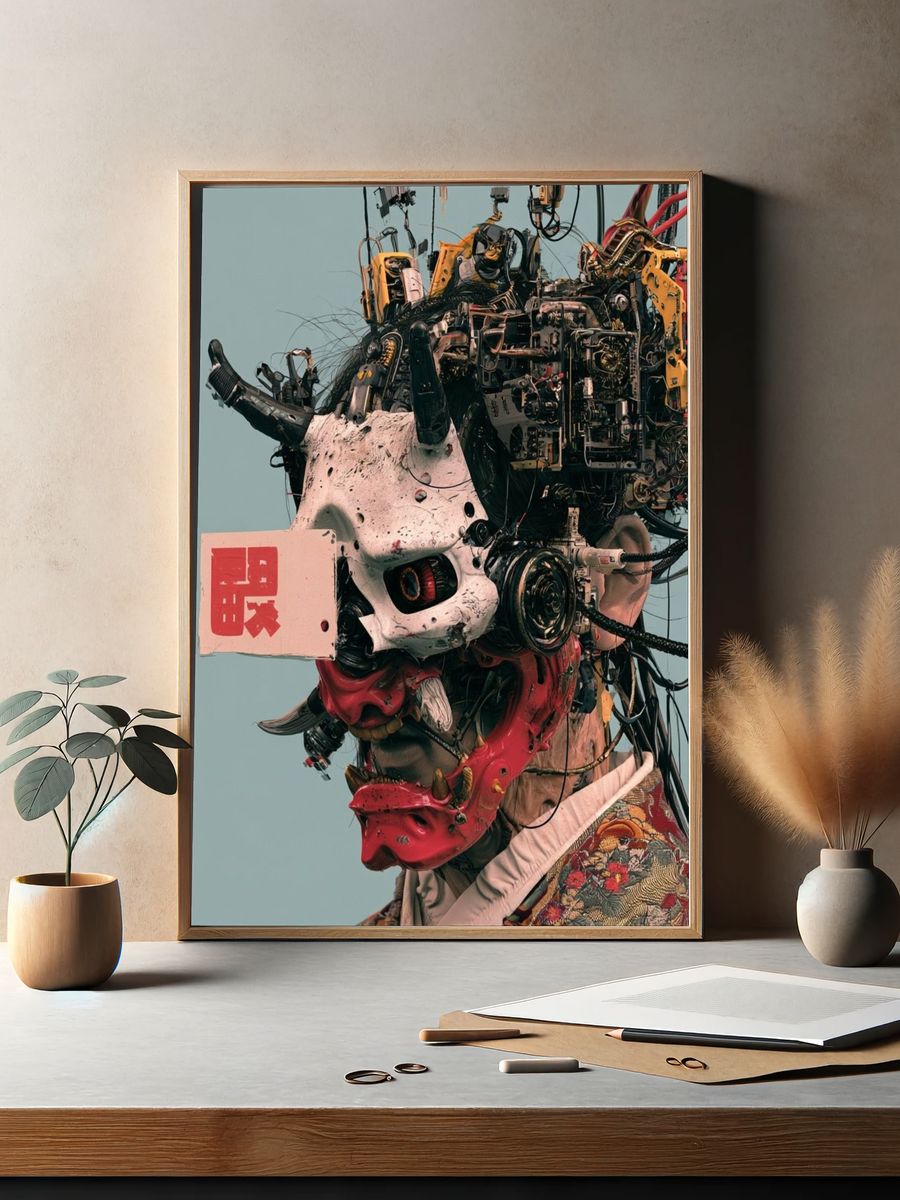 Cyber Oni Mask Illustration Poster. — room view 2