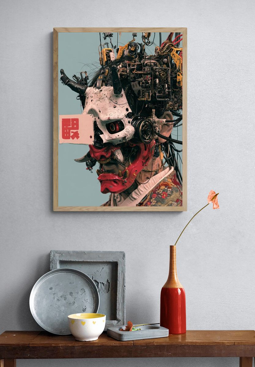 Cyber Oni Mask Illustration Poster. — room view 3