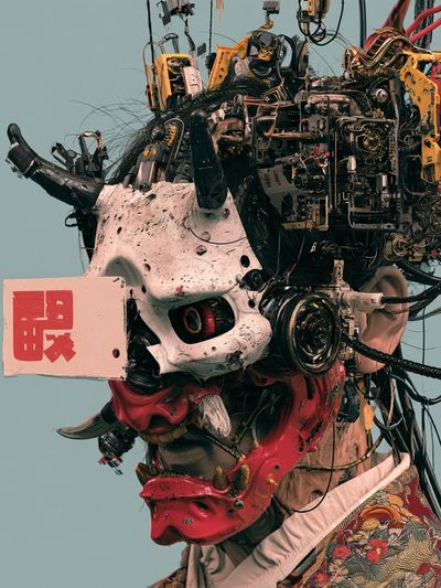 Cyber Oni Mask Illustration Poster. poster