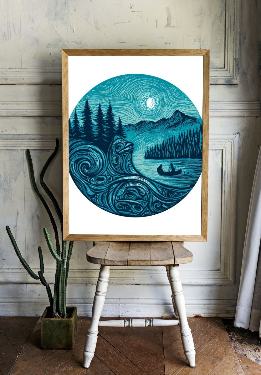Moonlit Forest Canoe Illustration Poster. room preview