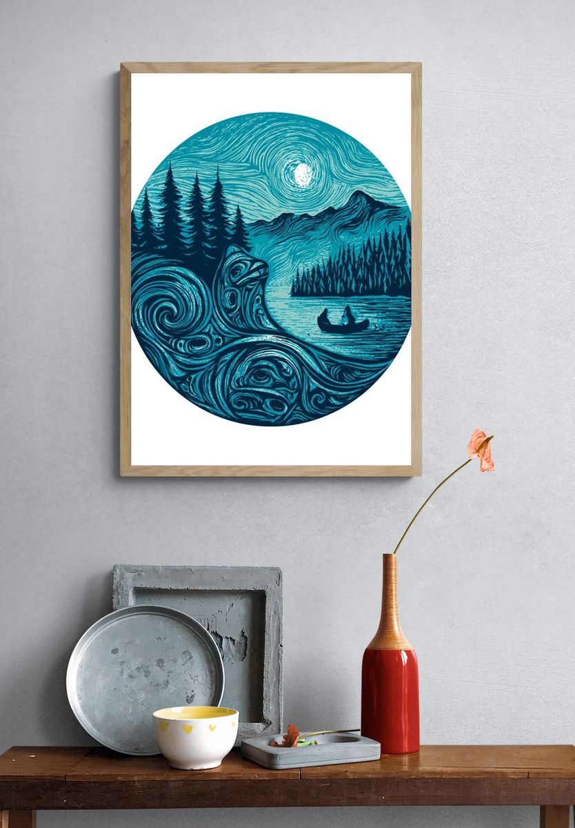 Moonlit Forest Canoe Illustration Poster. — room view 3