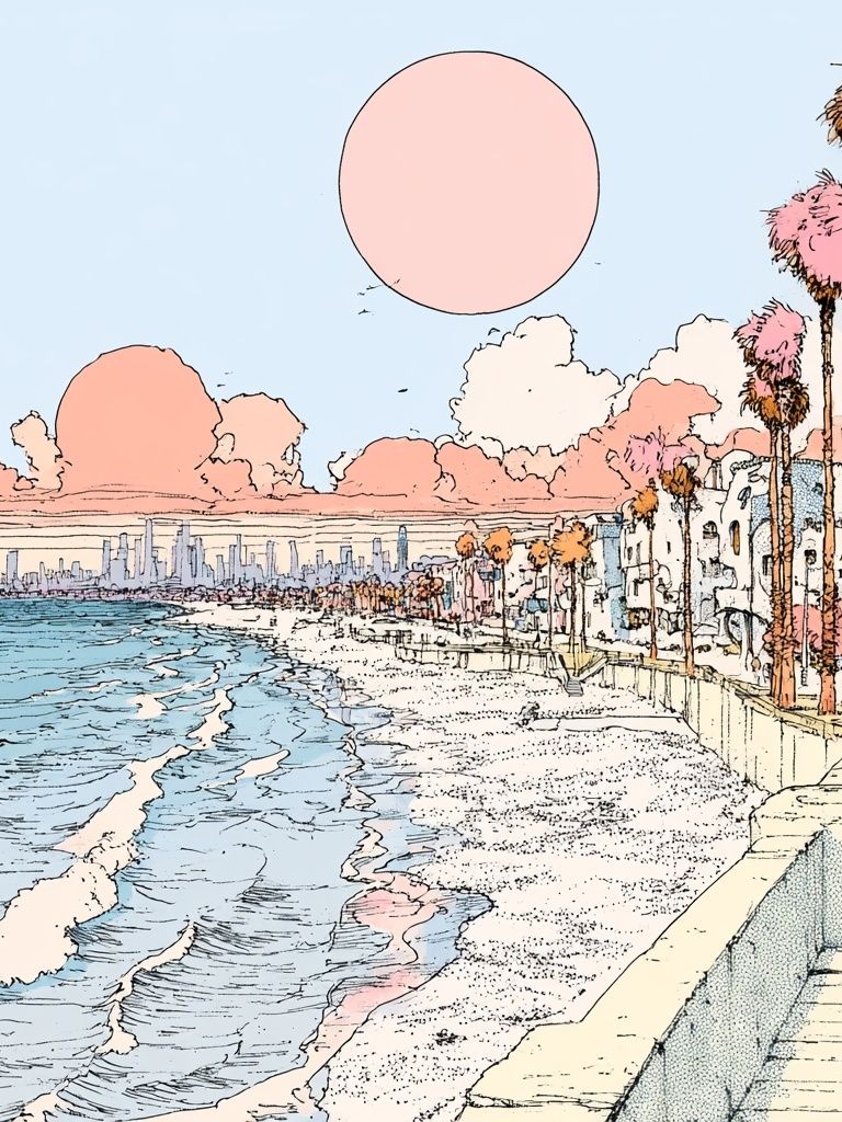Pastel Coastal Cityscape Illustration Poster. poster detail