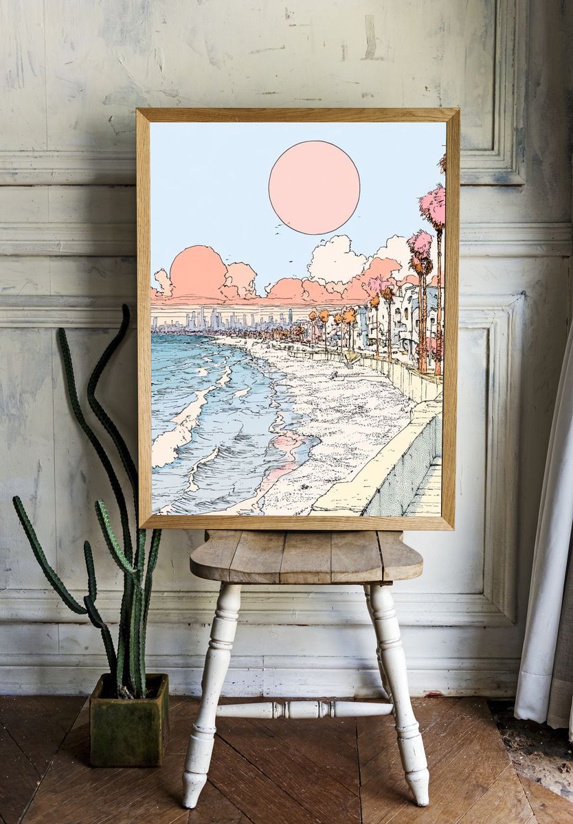 Pastel Coastal Cityscape Illustration Poster. — room view 1