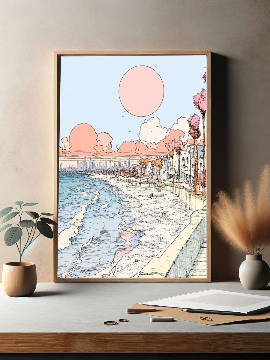 Pastel Coastal Cityscape Illustration Poster. — room view 2