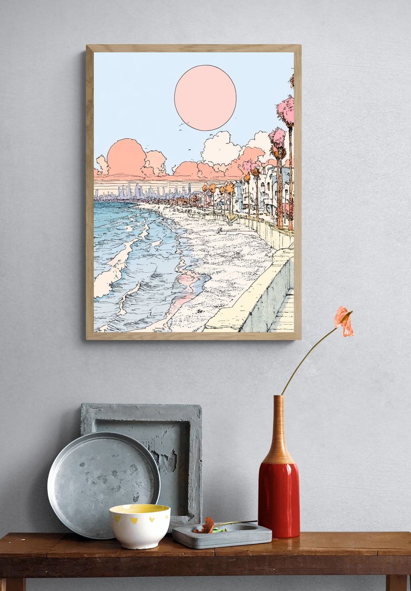 Pastel Coastal Cityscape Illustration Poster. — room view 3