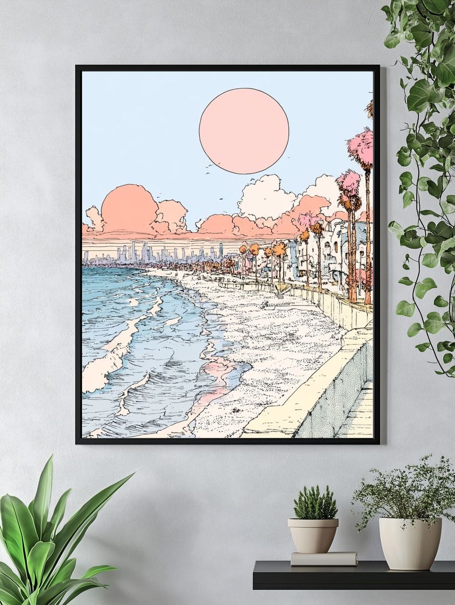 Pastel Coastal Cityscape Illustration Poster. — room view 4