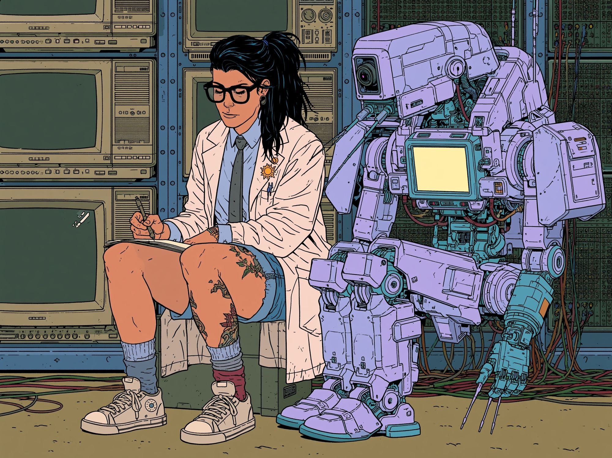 Cyberpunk Scientist and Robot Poster. poster detail