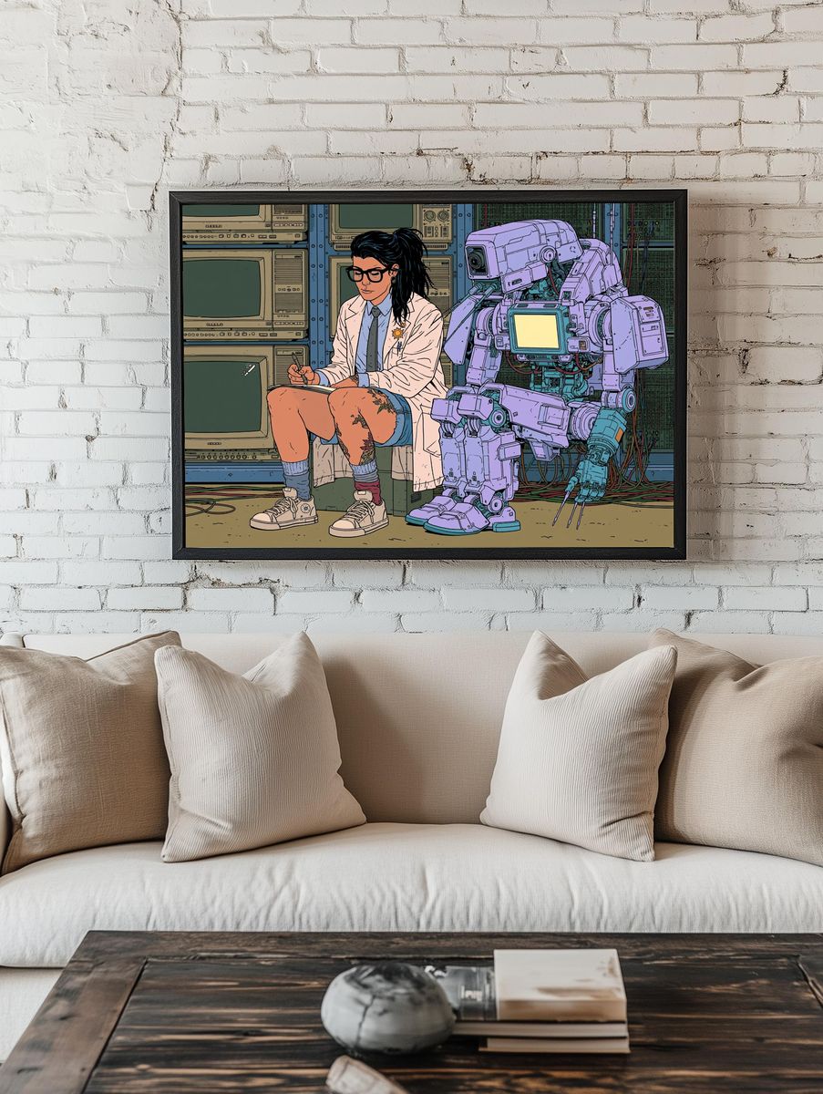 Cyberpunk Scientist and Robot Poster. room preview