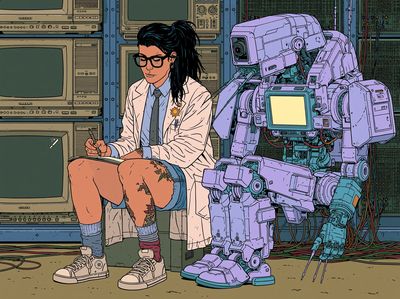 Cyberpunk Scientist and Robot Poster. poster
