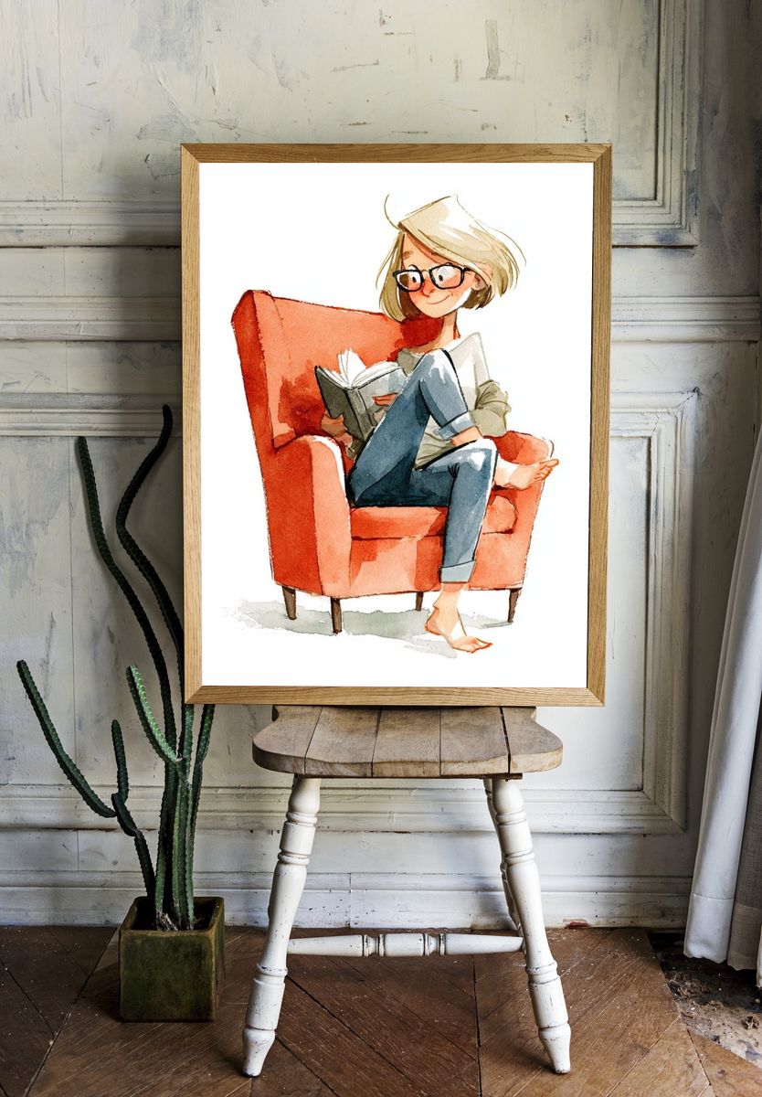 Reading Girl Watercolor Print. room preview
