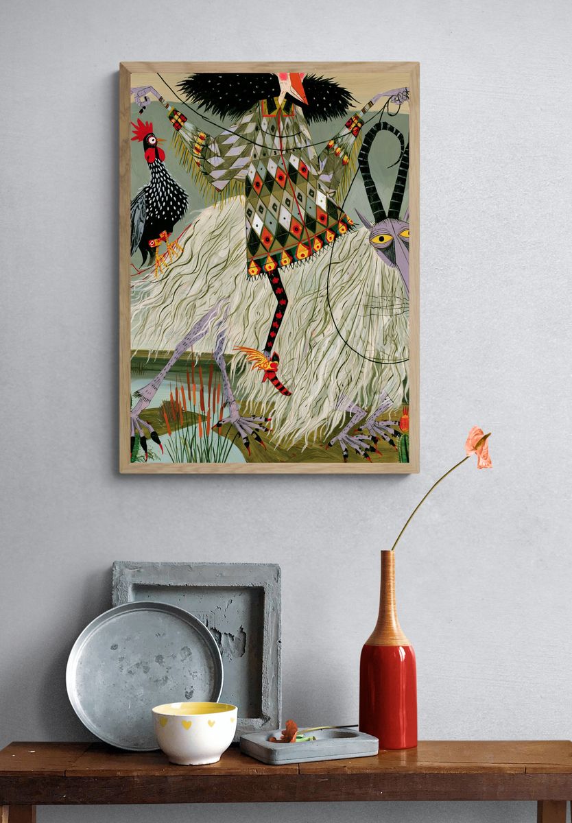 Surreal Bird Creature Illustration Poster. — room view 3