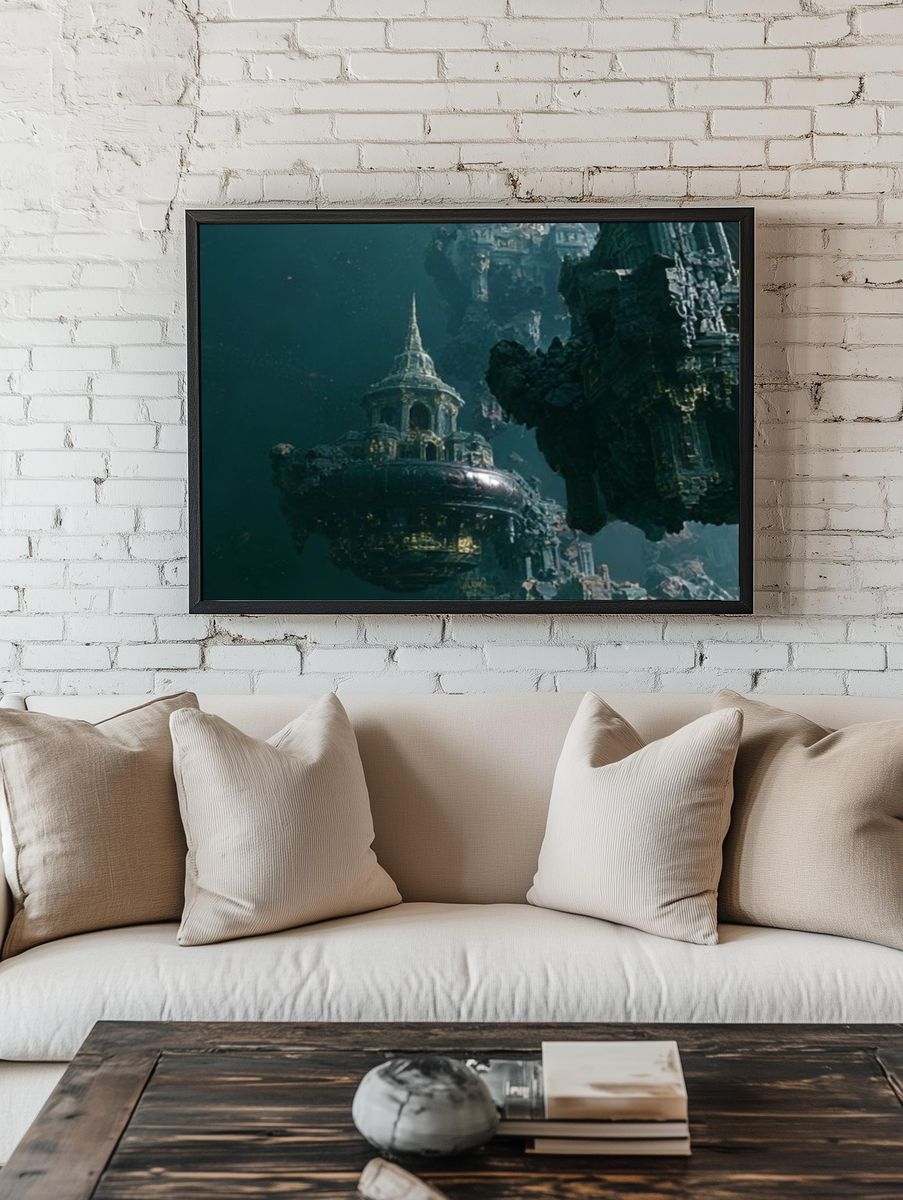 Floating Sci-Fi Cityscape Poster. room preview
