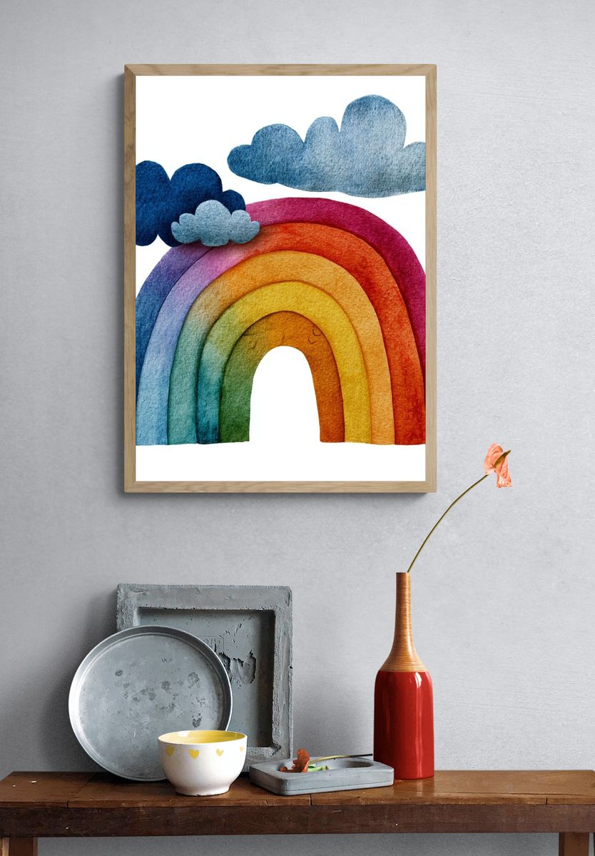 Rainbow Clouds Watercolor Print. — room view 3