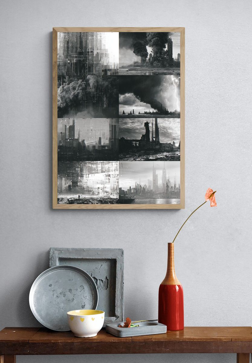 Dystopian Cityscape Collage Print. — room view 3