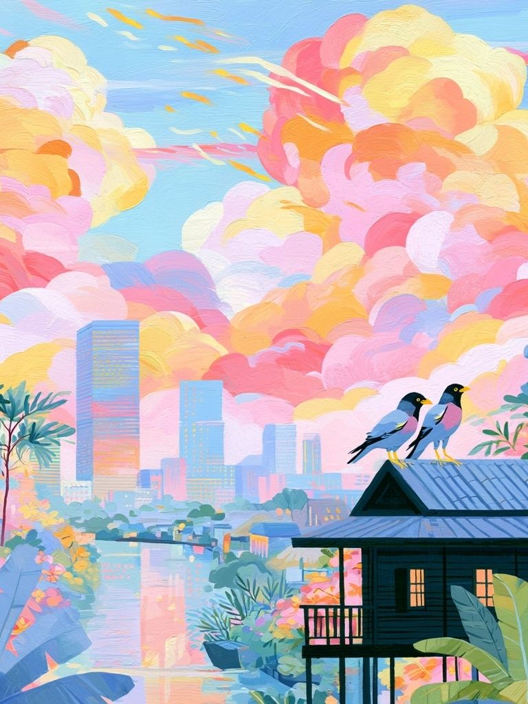 Pastel Cityscape Birds Illustration Poster. poster detail