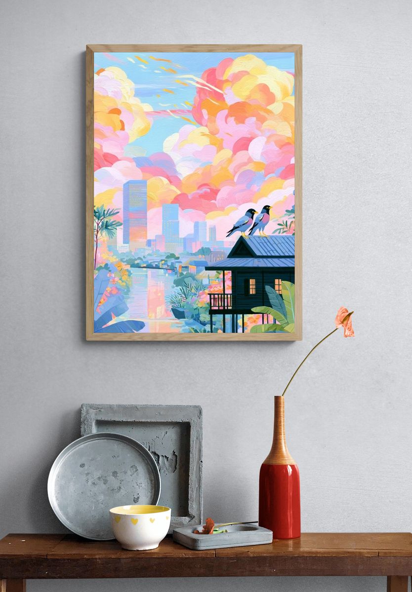 Pastel Cityscape Birds Illustration Poster. — room view 3