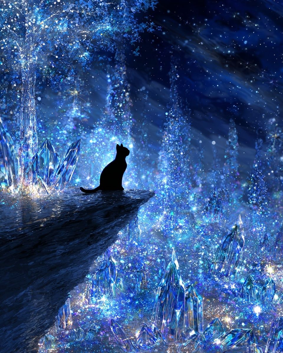 Crystal Cat Night Sky Illustration Poster. poster detail