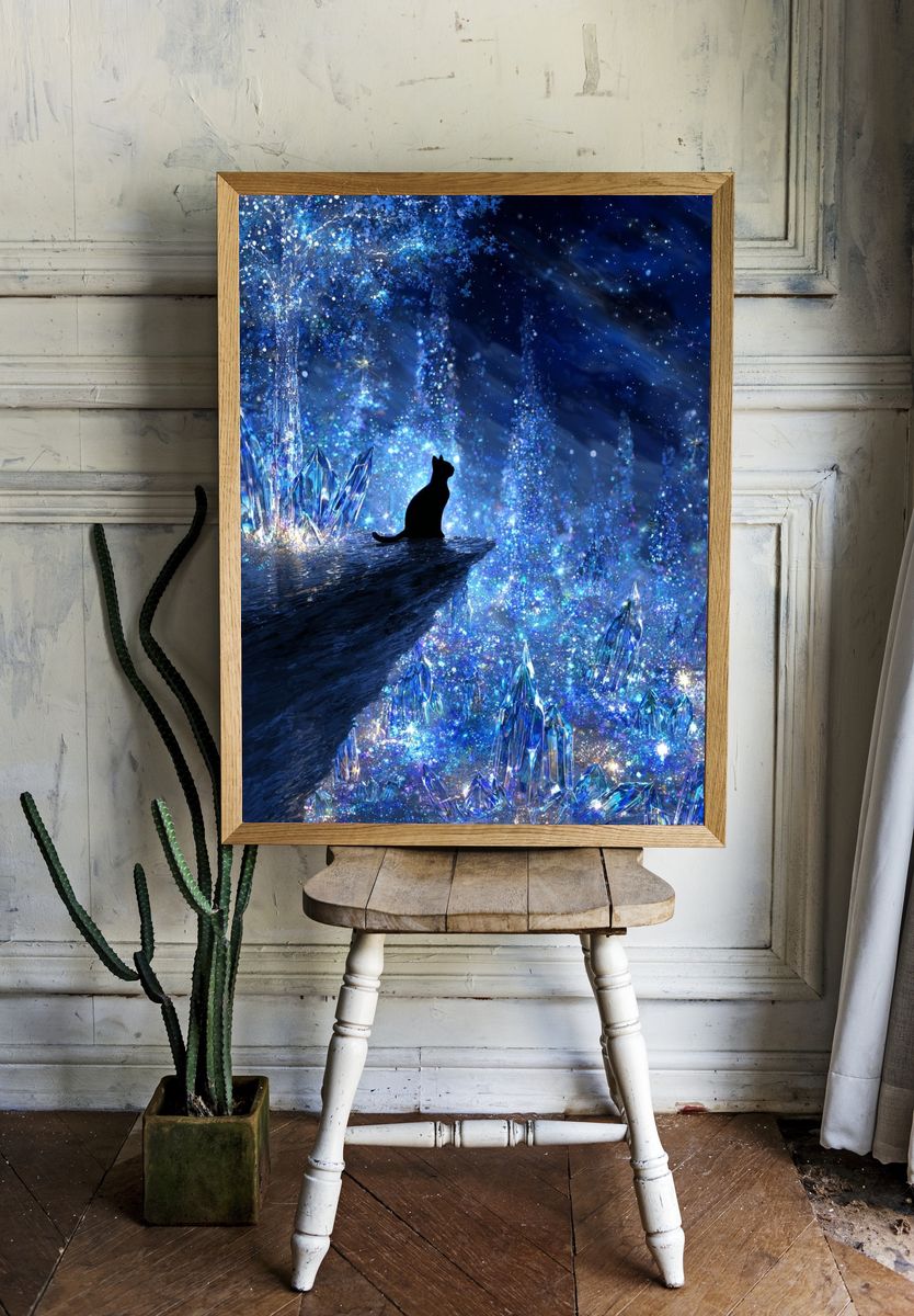 Crystal Cat Night Sky Illustration Poster. room preview