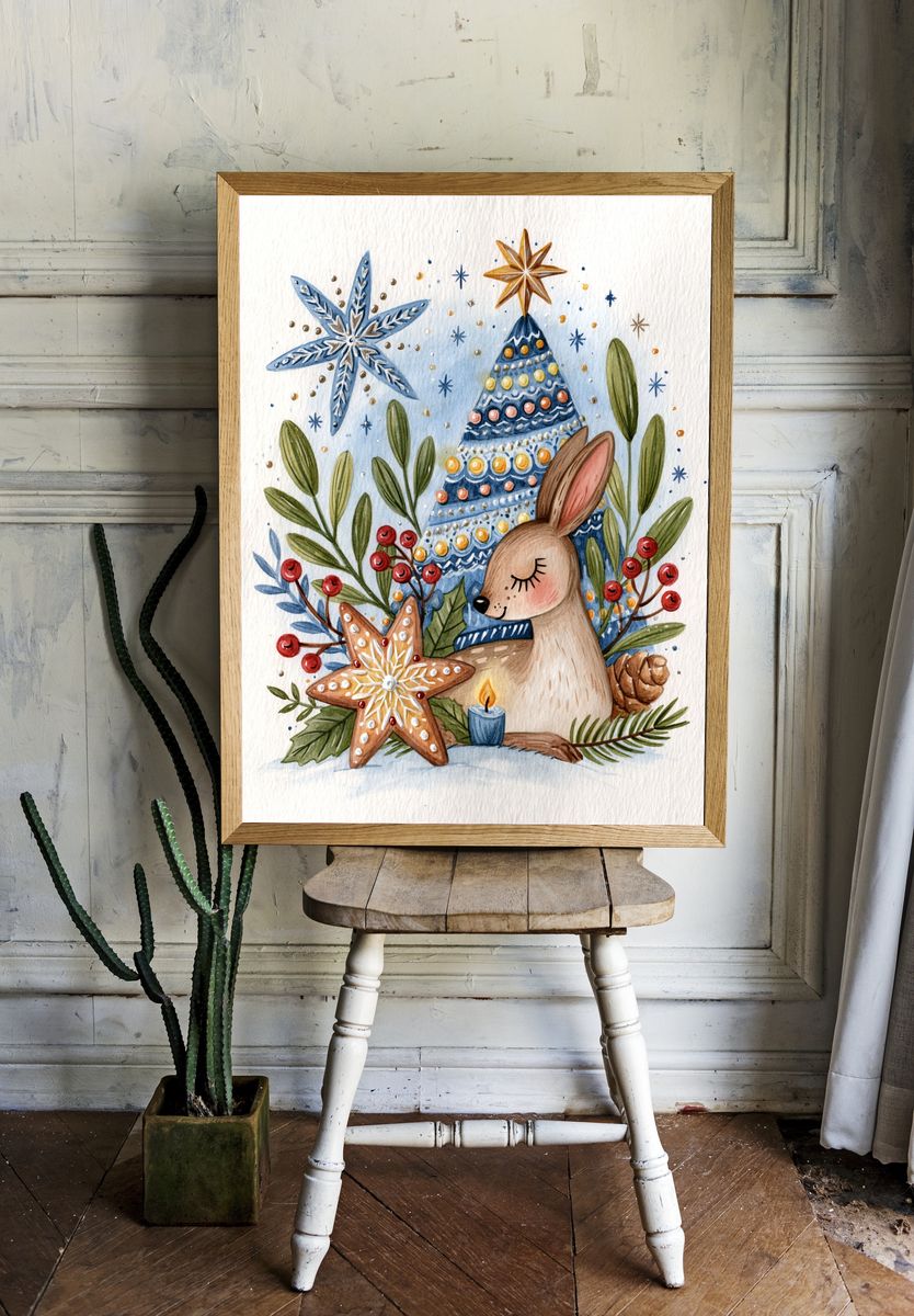 Winter Deer Watercolor Poster. — room view 1