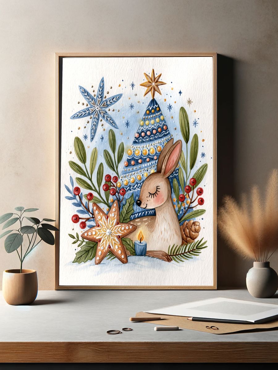 Winter Deer Watercolor Poster. — room view 2