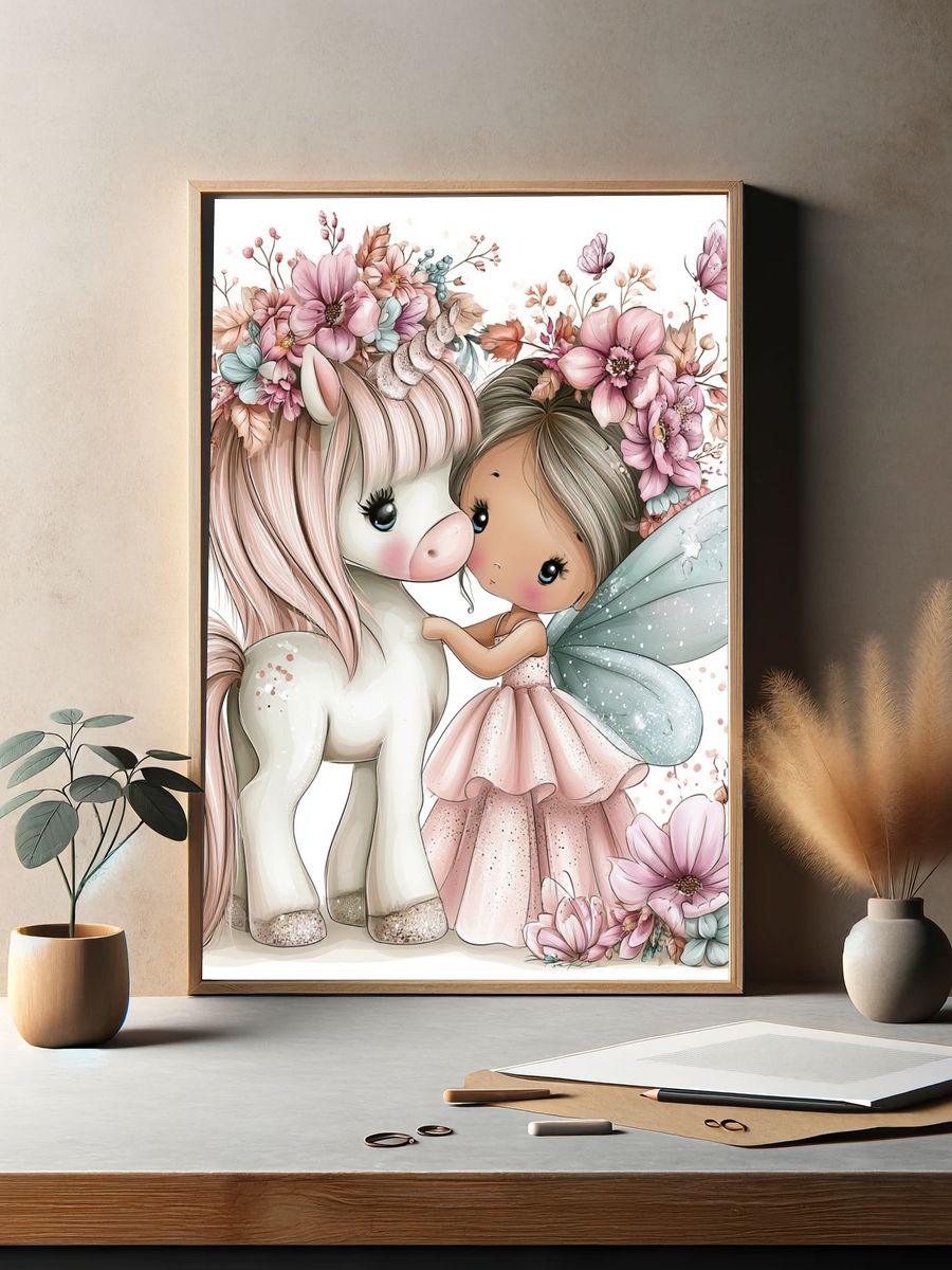 Fairy Girl and Unicorn Illustration Poster. — room view 2