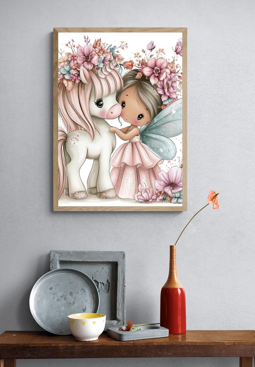 Fairy Girl and Unicorn Illustration Poster. — room view 3