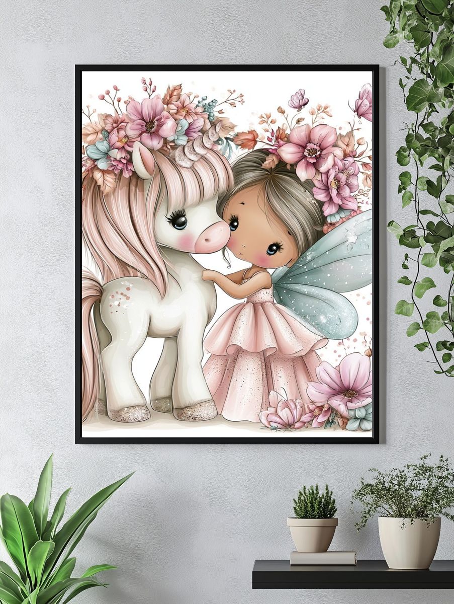 Fairy Girl and Unicorn Illustration Poster. — room view 4