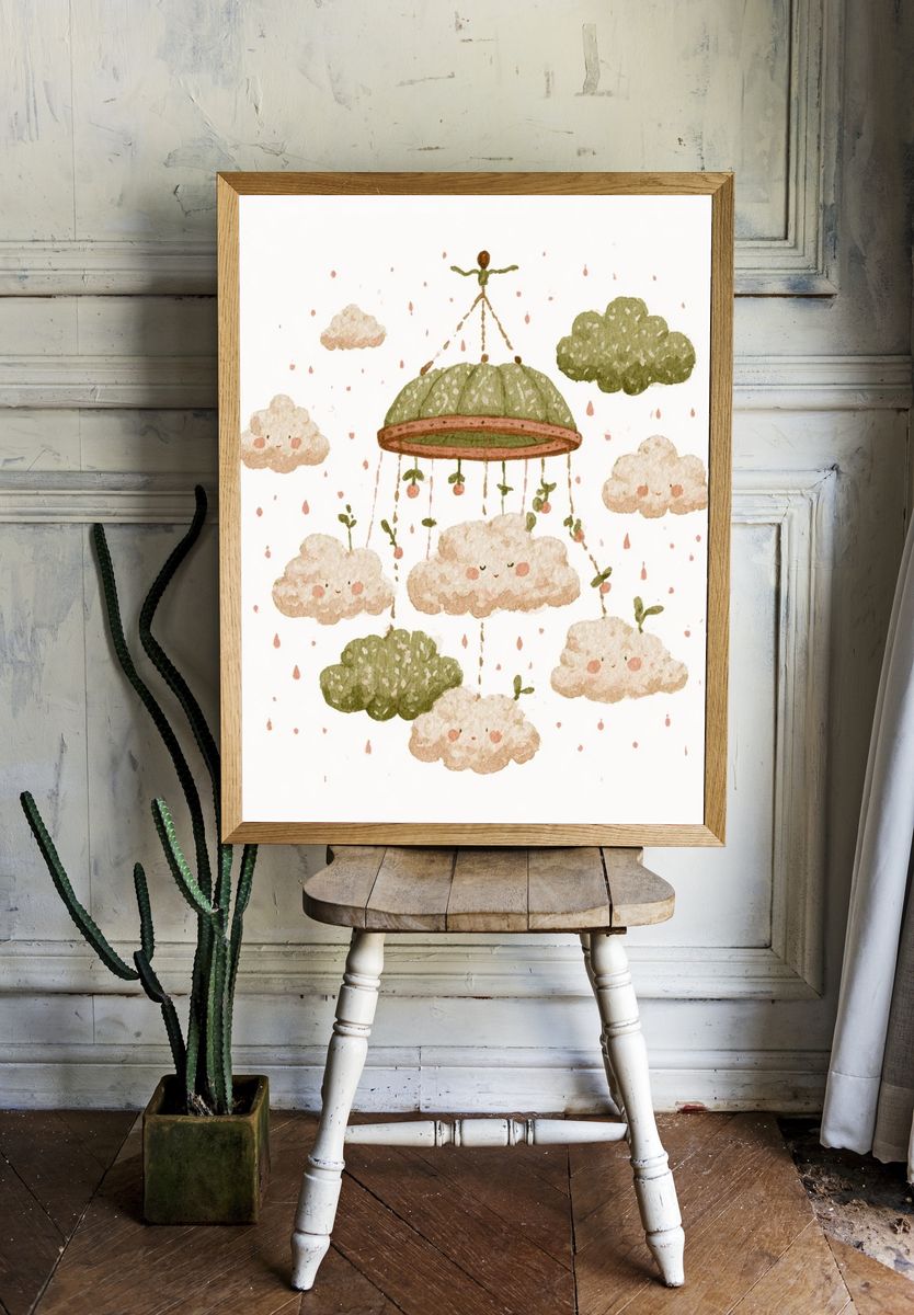 Floating Clouds Watercolor Print. room preview