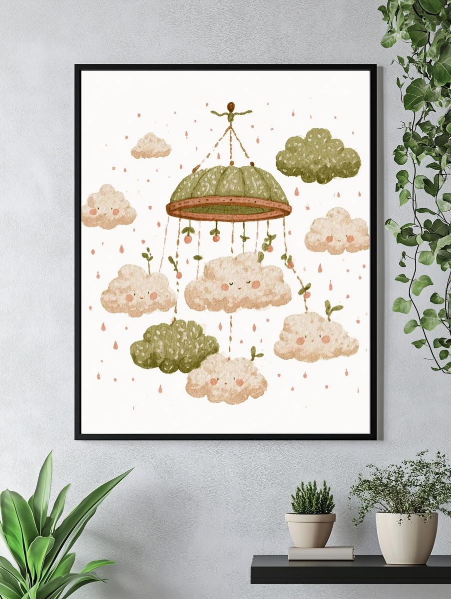 Floating Clouds Watercolor Print. — room view 4