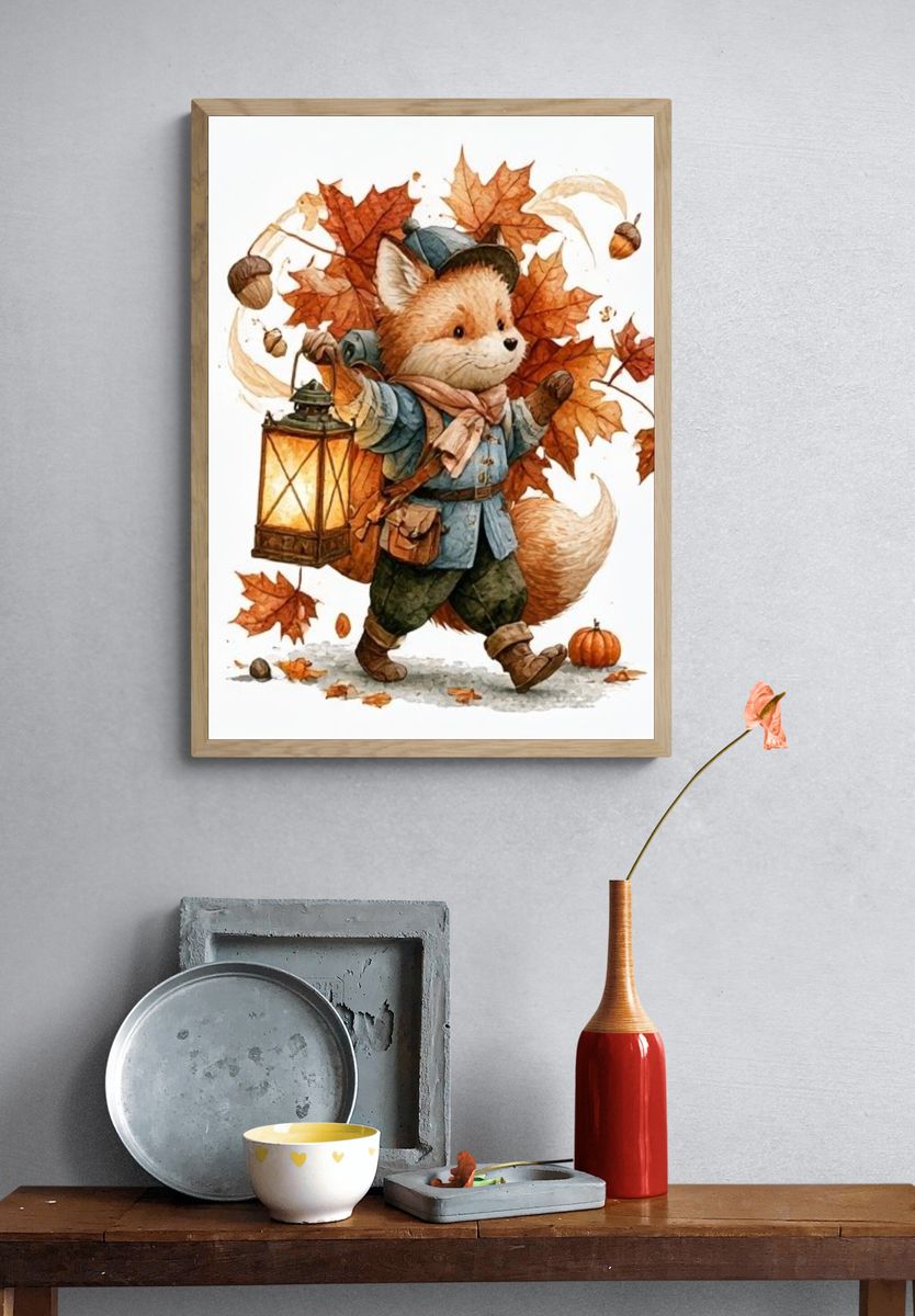 Autumn Fox Lantern Illustration Poster. — room view 3