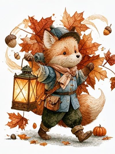 Autumn Fox Lantern Illustration Poster. poster