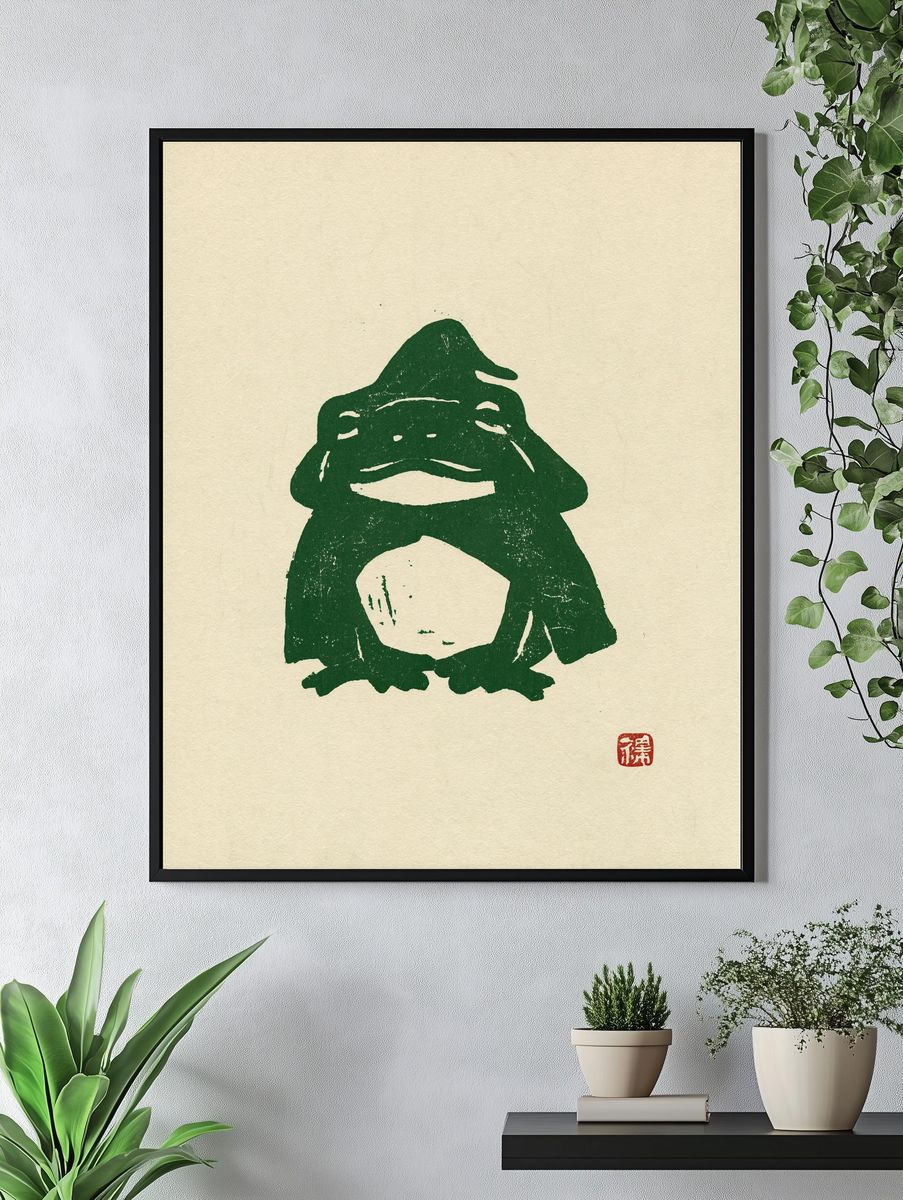 Green Frog Ink Illustration Poster. — room view 4