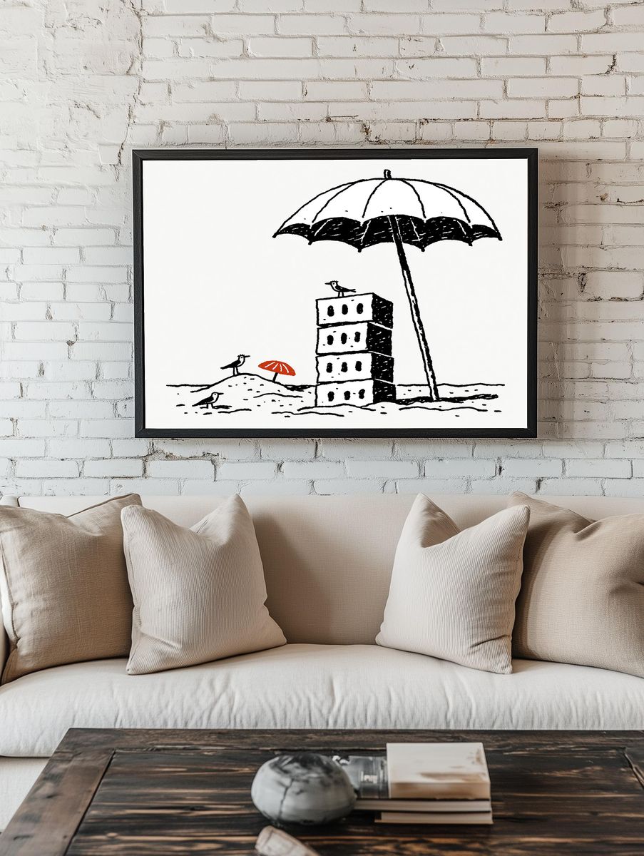 Beach Umbrella Birds Illustration Poster. — room view 1