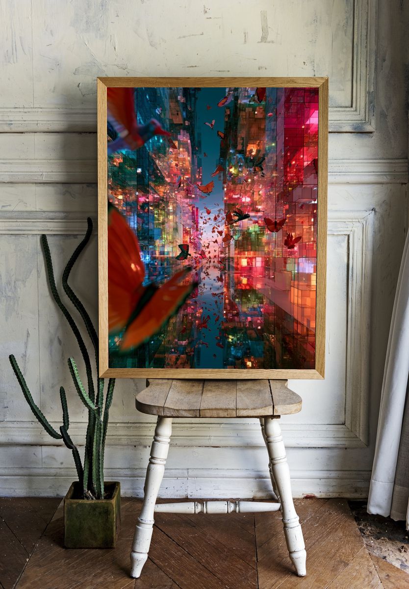 Neon Butterfly Cityscape Print. — room view 1