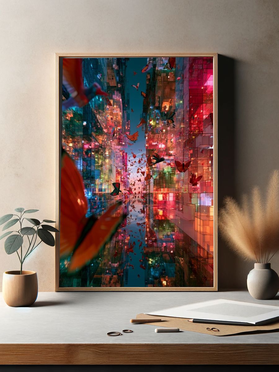 Neon Butterfly Cityscape Print. — room view 2