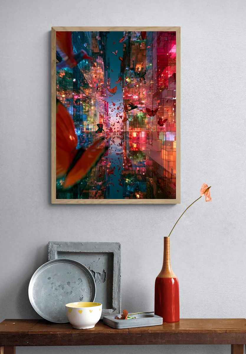Neon Butterfly Cityscape Print. — room view 3