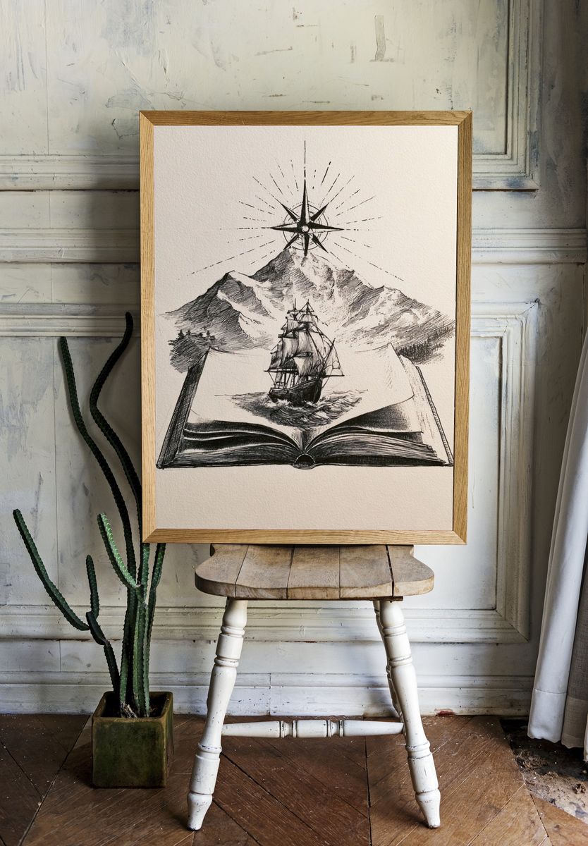Sailing Book and Mountain Print. room preview