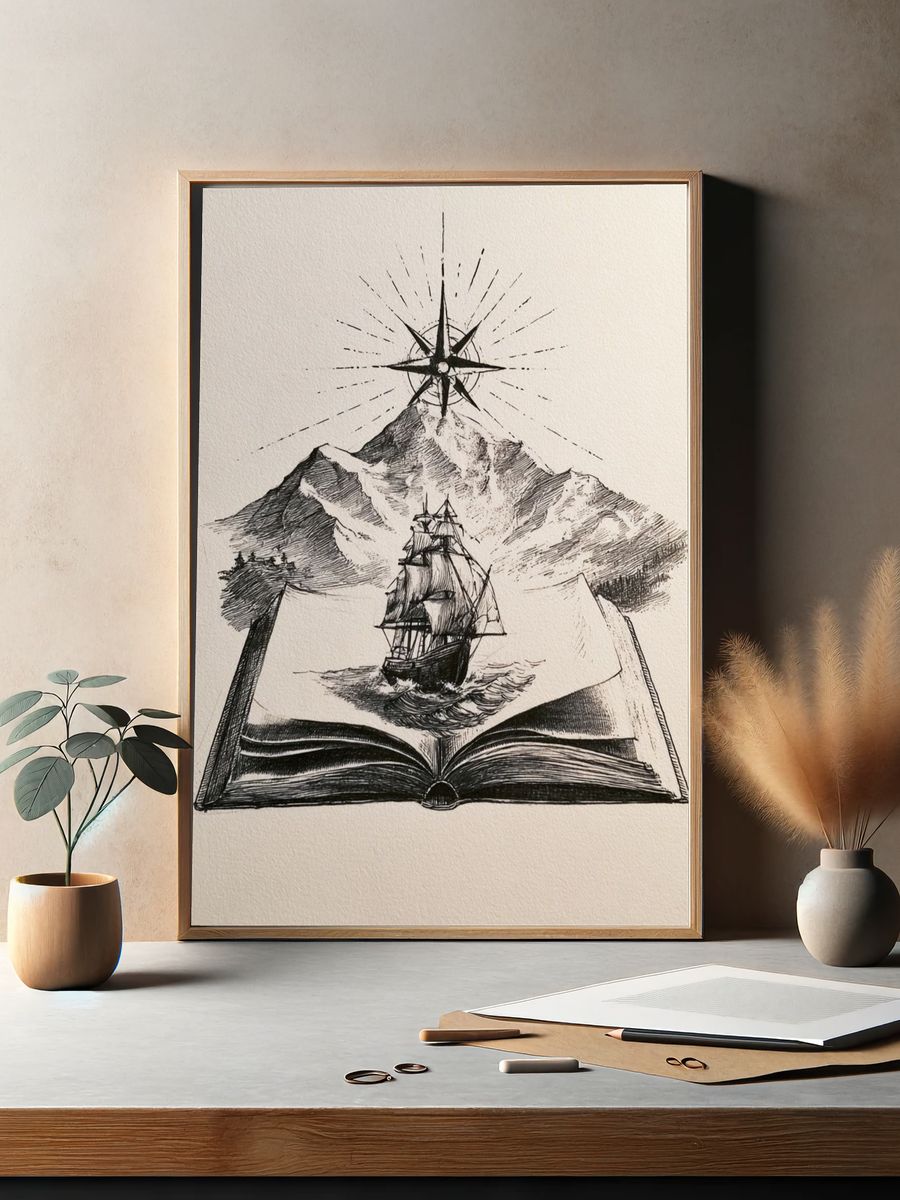 Sailing Book and Mountain Print. — room view 2